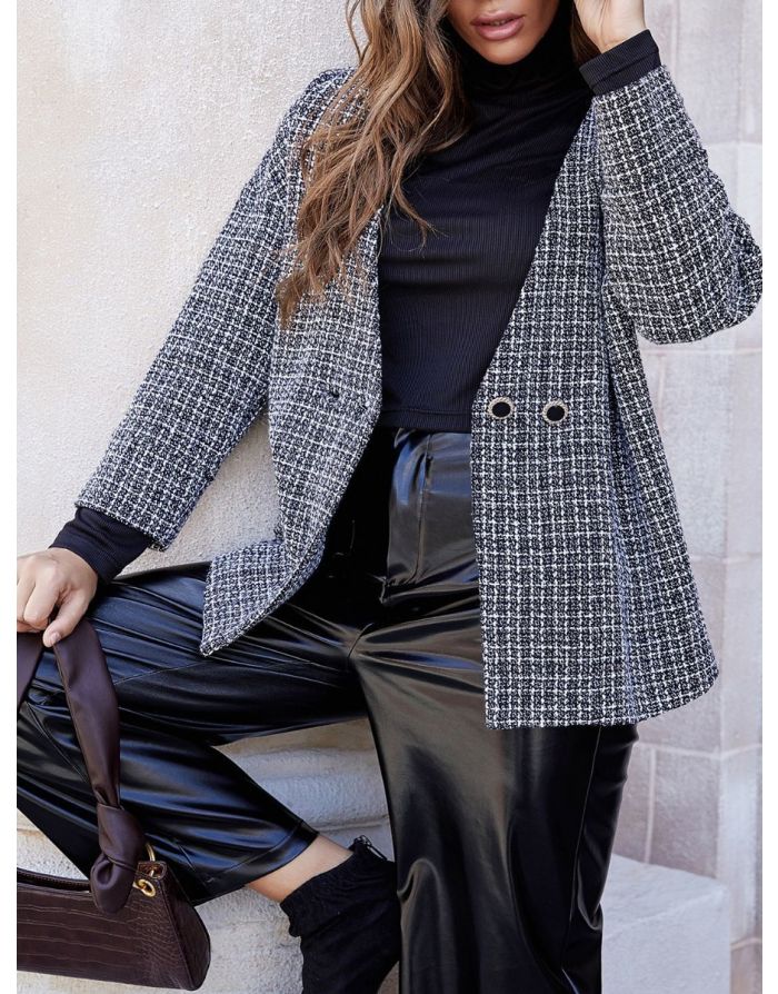 Fall Women New Fashion Knitted Two Buttons Long Sleeve Plaid Loose Short Woolen Coat