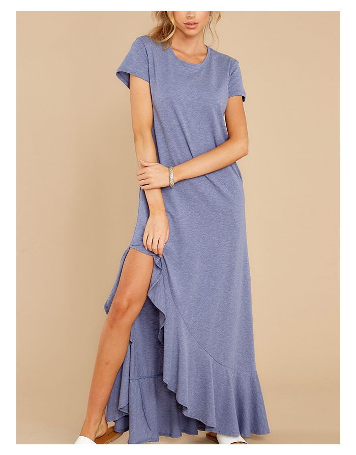 Women Plus Size Short Sleeve Round Neck Irregular Ruffled Maxi Split Loose Casual Summer Dress
